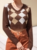 Argyle V Neck Crop Sweater M Deep coffee