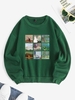 Art Collage Printed Graphic Thermal Lined Crew Neck Sweatshirt S Green