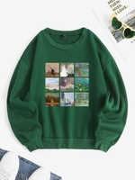 Art Collage Printed Graphic Thermal Lined Crew Neck Sweatshirt S Green
