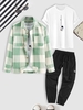 Astronaut Print T Shirt and Plaid Pattern Double Pockets Wool Blend Shacket and Solid Color Beam Feet Cargo Pants Light green