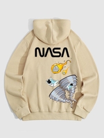 Astronaut Print Thermal Lined Hoodie L Light coffee