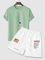Astronaut Short Sleeves T Shirt And Flag Shorts Graphic Two Piece Set Light green