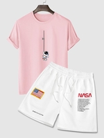 Astronaut Short Sleeves T Shirt And Flag Shorts Graphic Two Piece Set Light pink