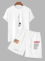 Astronaut Short Sleeves T Shirt And Flag Shorts Graphic Two Piece Set White