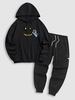 Astronaut Smile Face Graphic Hoodie and Flap Pocket Techwear Cargo Pants Set Black