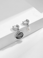 Asymmetric Faux Pearl Angel Embossed Circle Pendant Hoop Earrings