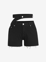 Asymmetrical Belt Denim Cutoff Shorts L Black