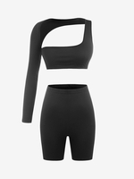 Asymmetrical Cutout Long Sleeve Top and Biker Shorts Set M Black