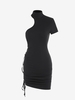 Asymmetrical High Neck Ribbed Ruched Waist Cutout Slinky Dress M Black