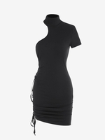 Asymmetrical High Neck Ribbed Ruched Waist Cutout Slinky Dress M Black