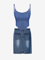 Back Zip Corset Tank Top with Slit Denim Skirt Deep blue