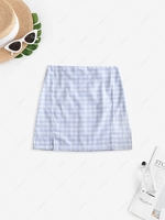 Back Zipper Plaid Slit Mini Skirt S Blue gray