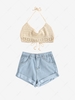 Backless Crochet Halter Cropped Tank Top And Denim Cuffed Shorts Light coffee