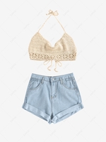 Backless Crochet Halter Cropped Tank Top And Denim Cuffed Shorts Light coffee