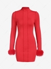 Backless Feather Trim Long Sleeve Slinky Dress L Red