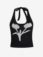 Backless Knit Halter Cropped Top Black