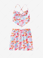 Backless Scarf Top with Floral Mini Skirt