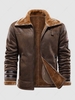 Badge Patched Fleece Lined Warm Faux Leather Aviator Jacket M Brown bear