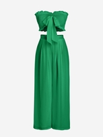 Bandeau Smocked Ruffle Bowknot Wide Leg Pants Set L Deep green