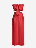 Bandeau Smocked Ruffle Bowknot Wide Leg Pants Set M Red