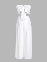 Bandeau Smocked Ruffle Bowknot Wide Leg Pants Set M White