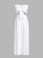 Bandeau Smocked Ruffle Bowknot Wide Leg Pants Set Xl White