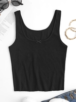 Basic Bowknot Ribbed Tank Top M Black