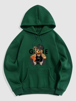 Basketball Bear Pattern Fleece-lined Hoodie L Deep green