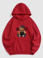 Basketball Bear Pattern Fleece-lined Hoodie L Deep red