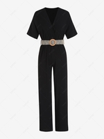 Batwing Sleeve Belted Surplice Wide Leg Jumpsuit L Black