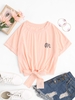 Batwing Sleeve Tribal Elephant Print Tied Tee L Light pink