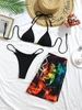 Beading Colorful Smock Print Couple Swimwear Black