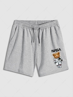 Bear and Letter Print Drawstring Casual Shorts M Light gray
