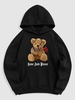 Bear and Rose Graphic Pattern Fleece-lined Hoodie L Black