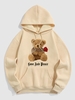 Bear and Rose Graphic Pattern Fleece-lined Hoodie L Light coffee