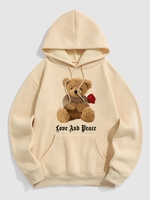 Bear and Rose Graphic Pattern Fleece-lined Hoodie L Light coffee