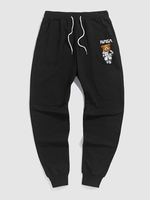 Bear Astronaut Graphic Printed Drawstring Jogger Pants M Black