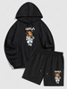 Bear Astronaut Printed Pullover Hoodie and Drawstring Shorts Set Outfit Black