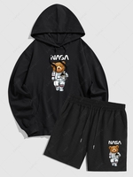 Bear Astronaut Printed Pullover Hoodie and Drawstring Shorts Set Outfit Black