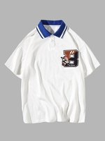 Bear Embroidery Color Spliced Collar Polo T-shirt 2xl White