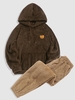 Bear Pattern Drawstring Fluffy Hoodie and Pants Set Deep coffee