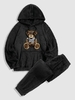 Bear Pattern Pullover Fluffy Teddy Hoodie and Beam Feet Pants Set Black