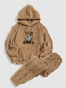 Bear Pattern Pullover Fluffy Teddy Hoodie and Beam Feet Pants Set Coffee