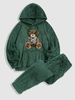 Bear Pattern Pullover Fluffy Teddy Hoodie and Beam Feet Pants Set Deep green
