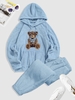 Bear Pattern Pullover Fluffy Teddy Hoodie and Beam Feet Pants Set Light blue