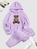 Bear Pattern Pullover Fluffy Teddy Hoodie and Beam Feet Pants Set Light purple