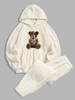 Bear Pattern Pullover Fluffy Teddy Hoodie and Beam Feet Pants Set White