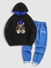 Bear Shape Towel Embroidery Fleece-lined Hoodie and CALIFORNIA Letter Printed Jogger Pants Set Black
