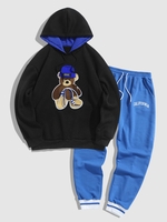 Bear Shape Towel Embroidery Fleece-lined Hoodie and CALIFORNIA Letter Printed Jogger Pants Set Black