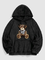 Bear Terry Embroidered Pullover Fluffy Teddy Hoodie L Black